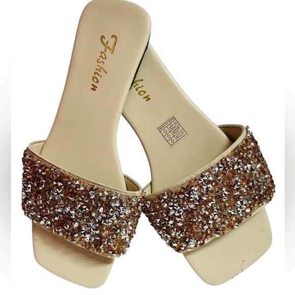 Women's Cream and Gold Embellished Slides - Picture 3 of 4